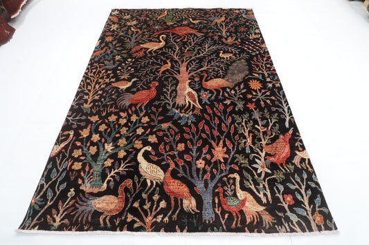179 x 248 cm | Birds Black Design Hand Knotted Veg Dye Wool Afghan Carpet