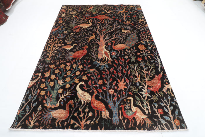 179 x 248 cm | Birds Black Design Hand Knotted Veg Dye Wool Afghan Carpet