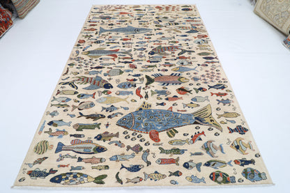 198 x 298 cm | Fish beige Tribal Area Rug Afghan Hand Knotted veg Dye Wool carpet