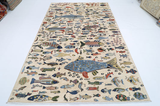 198 x 298 cm | Fish beige Tribal Area Rug Afghan Hand Knotted veg Dye Wool carpet