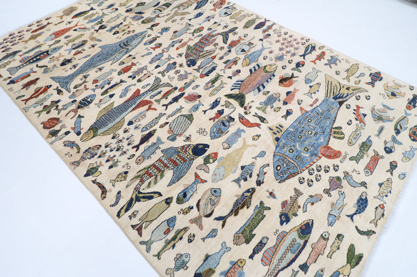 198 x 298 cm | Fish beige Tribal Area Rug Afghan Hand Knotted veg Dye Wool carpet