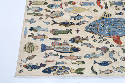 198 x 298 cm | Fish beige Tribal Area Rug Afghan Hand Knotted veg Dye Wool carpet