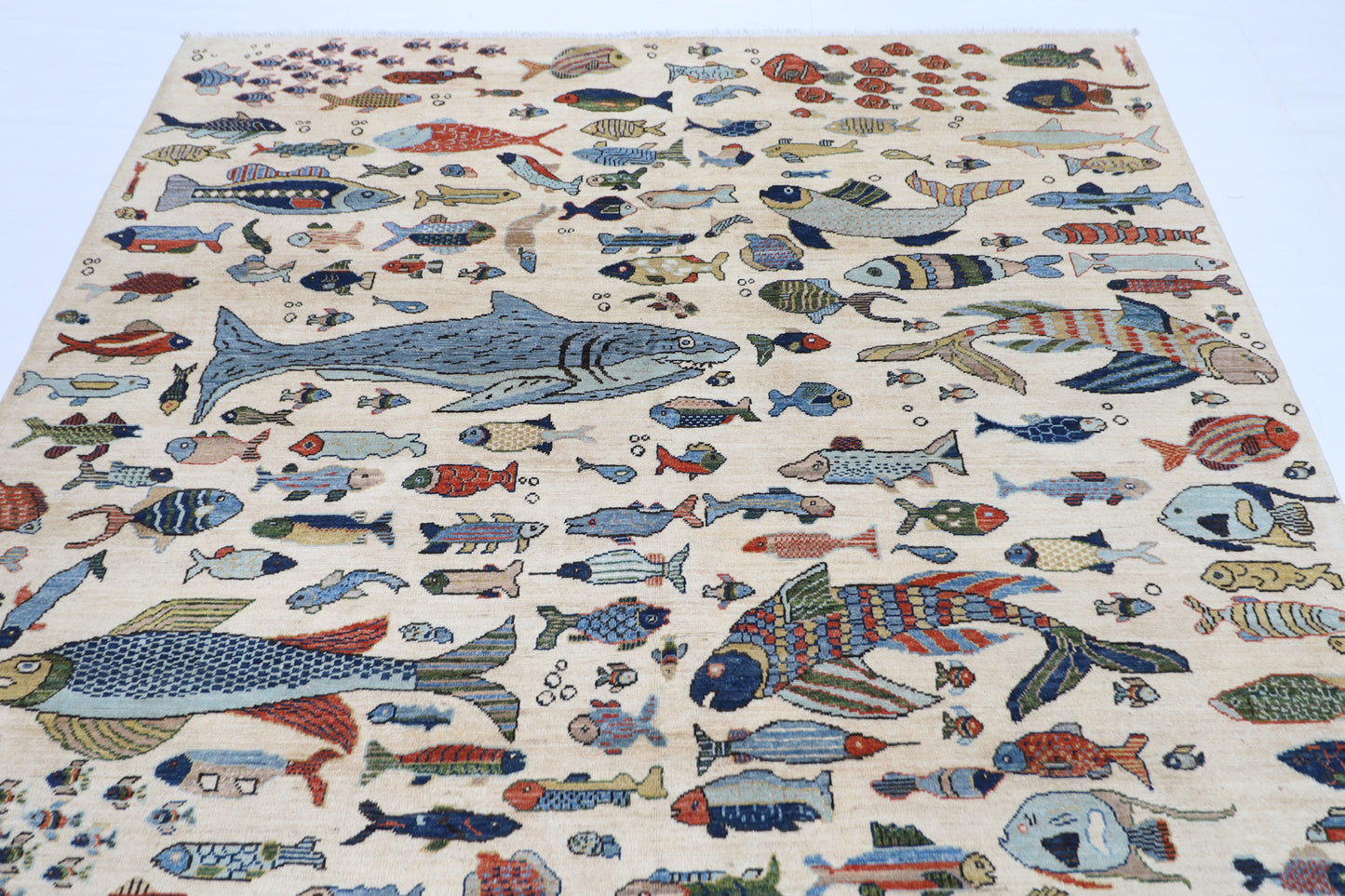 198 x 298 cm | Fish beige Tribal Area Rug Afghan Hand Knotted veg Dye Wool carpet