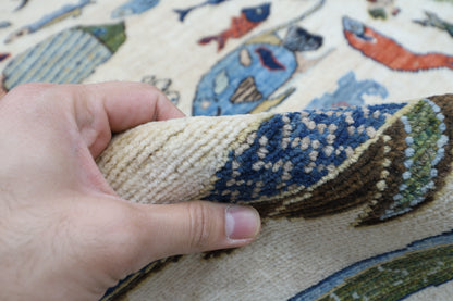 198 x 298 cm | Fish beige Tribal Area Rug Afghan Hand Knotted veg Dye Wool carpet