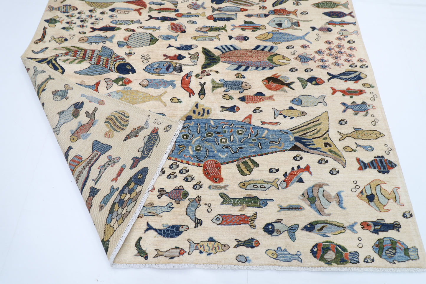 198 x 298 cm | Fish beige Tribal Area Rug Afghan Hand Knotted veg Dye Wool carpet