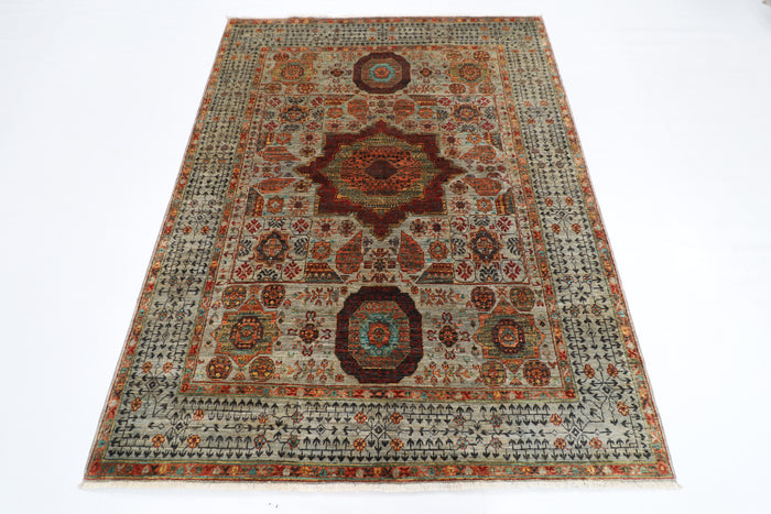 158 x 203 cm | Tribal Mamluk Gray Area Rug Afghan Hand Knotted veg Dye Wool carpet