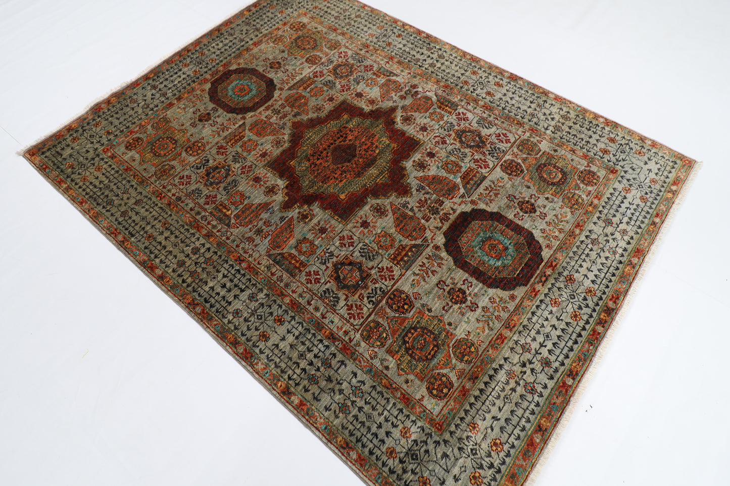158 x 203 cm | Tribal Mamluk Gray Area Rug Afghan Hand Knotted veg Dye Wool carpet