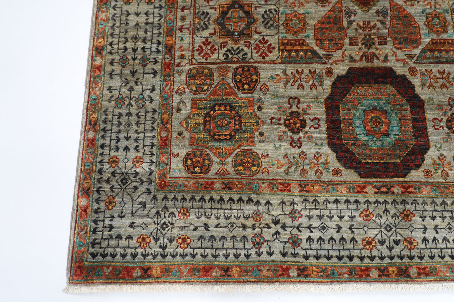158 x 203 cm | Tribal Mamluk Gray Area Rug Afghan Hand Knotted veg Dye Wool carpet