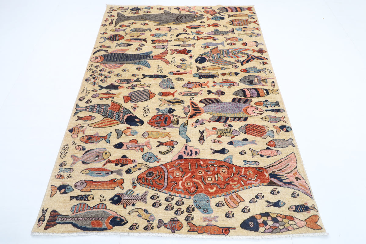 149 x 205 cm | Fish Design Hand Knotted Veg Dye Wool Afghan Carpet