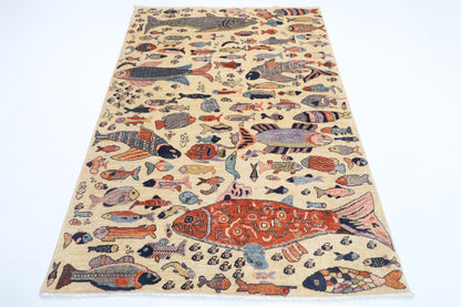 149 x 205 cm | Fish Design Hand Knotted Veg Dye Wool Afghan Carpet