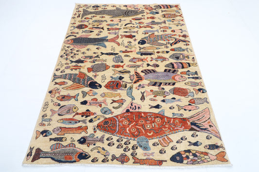 149 x 205 cm | Fish Design Hand Knotted Veg Dye Wool Afghan Carpet