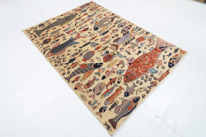 149 x 205 cm | Fish Design Hand Knotted Veg Dye Wool Afghan Carpet