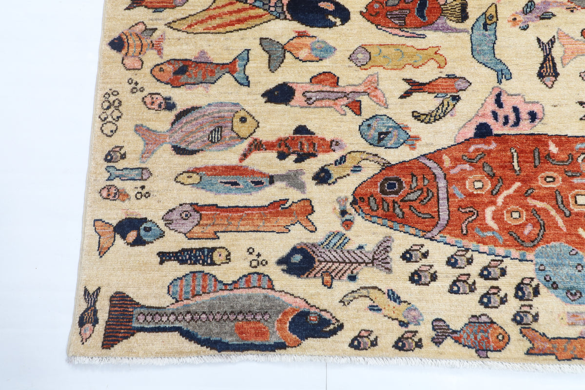149 x 205 cm | Fish Design Hand Knotted Veg Dye Wool Afghan Carpet
