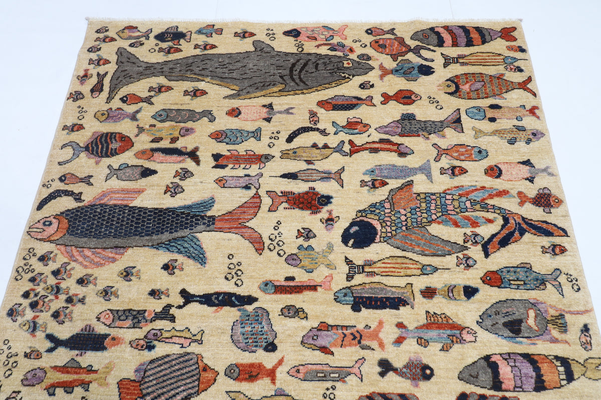 149 x 205 cm | Fish Design Hand Knotted Veg Dye Wool Afghan Carpet