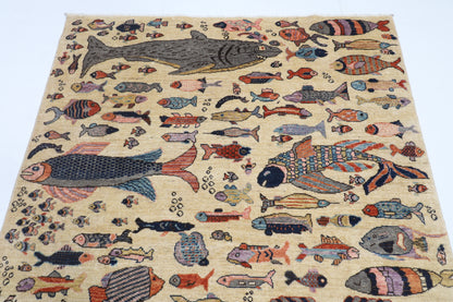 149 x 205 cm | Fish Design Hand Knotted Veg Dye Wool Afghan Carpet