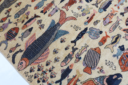 149 x 205 cm | Fish Design Hand Knotted Veg Dye Wool Afghan Carpet