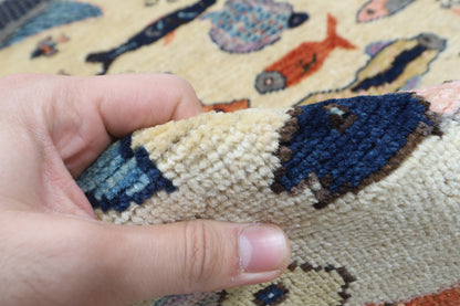 149 x 205 cm | Fish Design Hand Knotted Veg Dye Wool Afghan Carpet