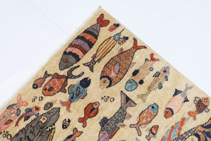 149 x 205 cm | Fish Design Hand Knotted Veg Dye Wool Afghan Carpet
