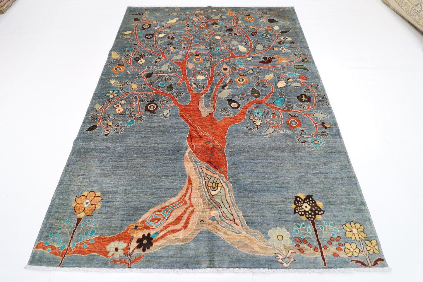 181 x 244 cm | Pomegranate Gray Afghan Tribal Hand Knotted Veg Dye Wool Carpet