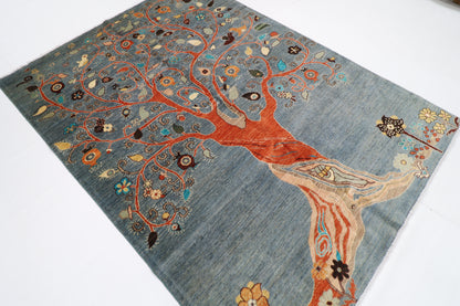 181 x 244 cm | Pomegranate Gray Afghan Tribal Hand Knotted Veg Dye Wool Carpet