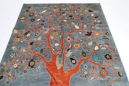 181 x 244 cm | Pomegranate Gray Afghan Tribal Hand Knotted Veg Dye Wool Carpet