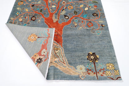 181 x 244 cm | Pomegranate Gray Afghan Tribal Hand Knotted Veg Dye Wool Carpet