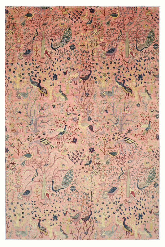 272 x 358 cm | Oriental Birds Pink Area Rug Afghan Hand Knotted Veg Dye Wool carpet