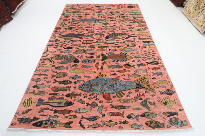 200 x 297 cm | Fish Pink Design Hand Knotted Veg Dye Wool Afghan Carpet