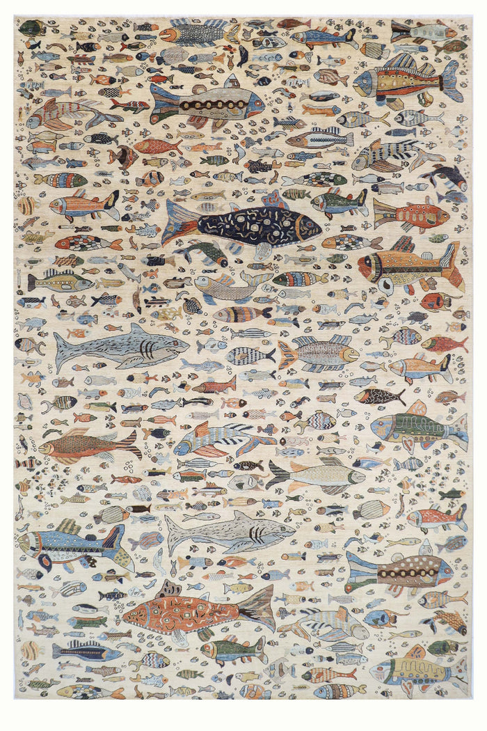 300 x 420 cm | Oriental Fish beige Area Rug Afghan Hand Knotted Veg Dye Wool carpet