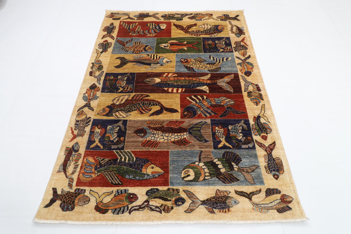 146 x 198 cm | Fish Design Hand Knotted Veg Dye Wool Afghan Carpet