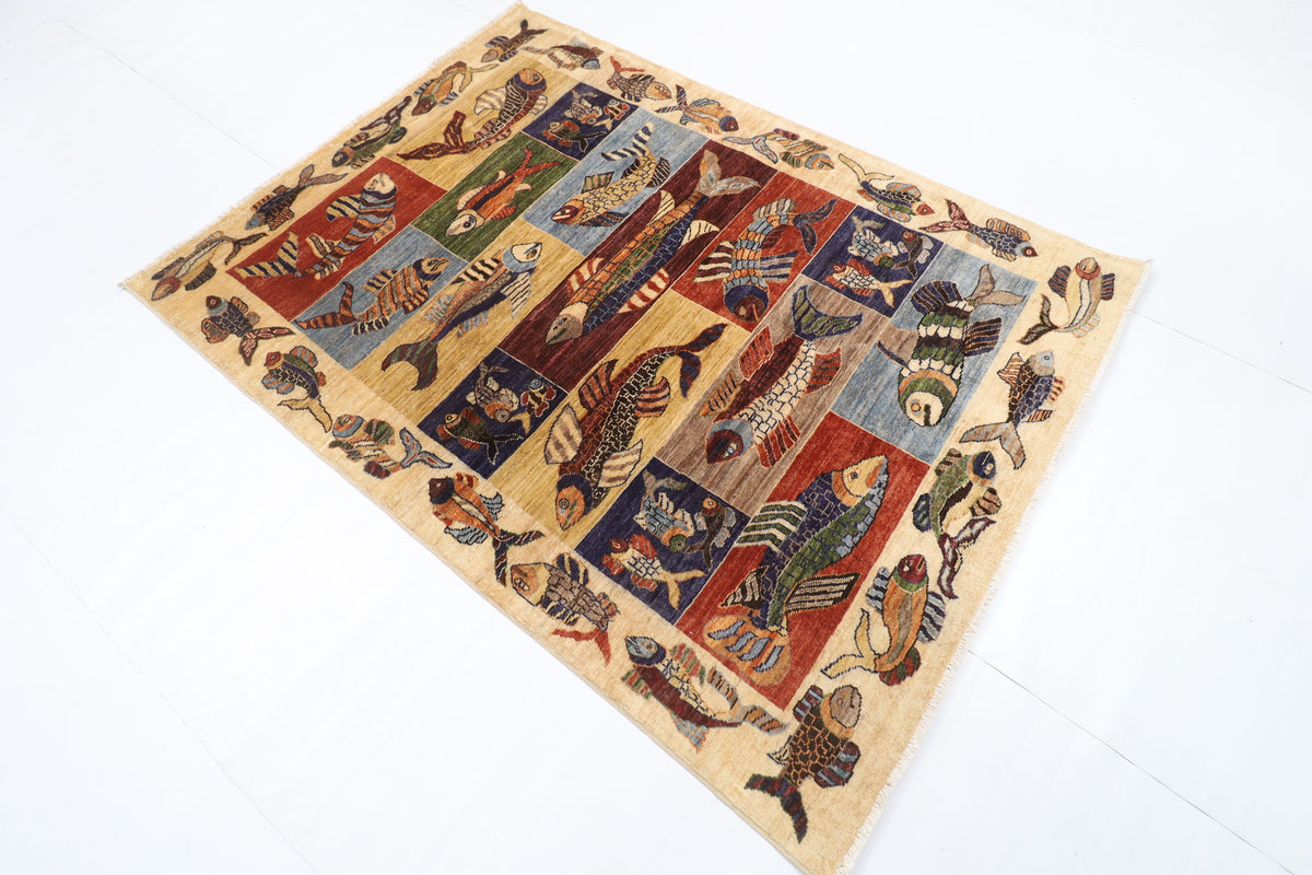 146 x 198 cm | Fish Design Hand Knotted Veg Dye Wool Afghan Carpet