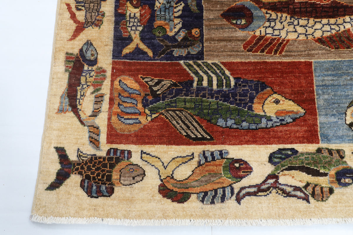 146 x 198 cm | Fish Design Hand Knotted Veg Dye Wool Afghan Carpet