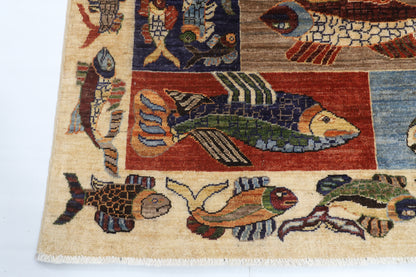 146 x 198 cm | Fish Design Hand Knotted Veg Dye Wool Afghan Carpet