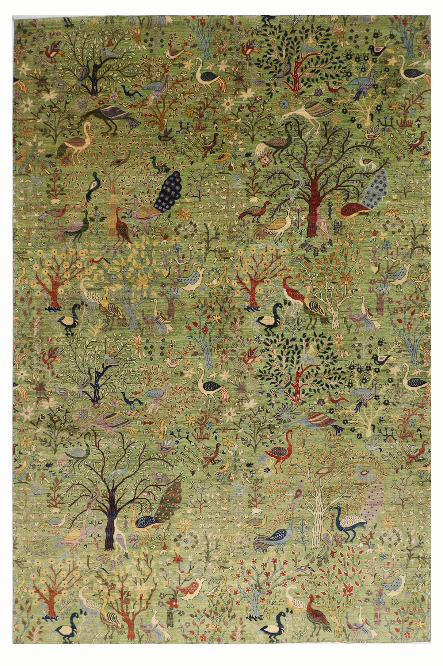 302 x 418 cm | Oriental Birds Green Area Rug Afghan Hand Knotted Veg Dye Wool carpet