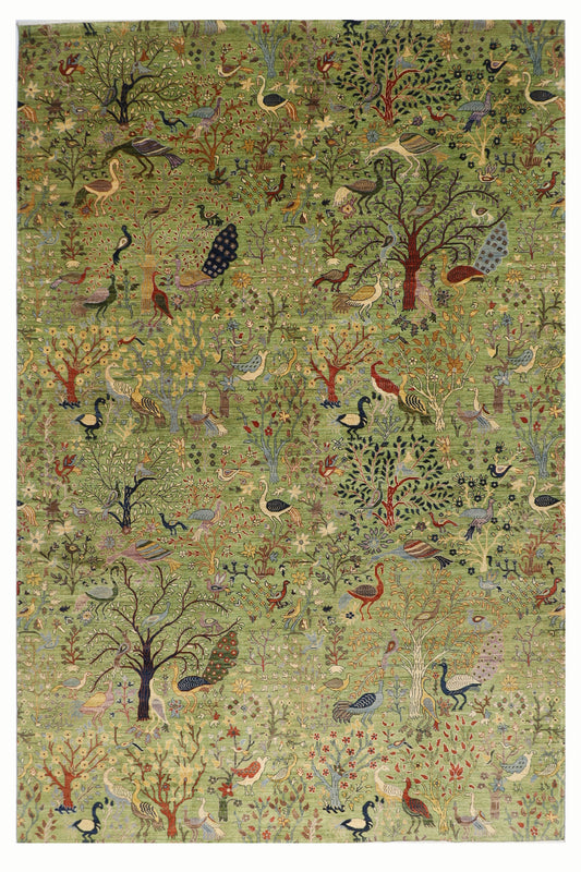 302 x 418 cm | Oriental Birds Green Area Rug Afghan Hand Knotted Veg Dye Wool carpet