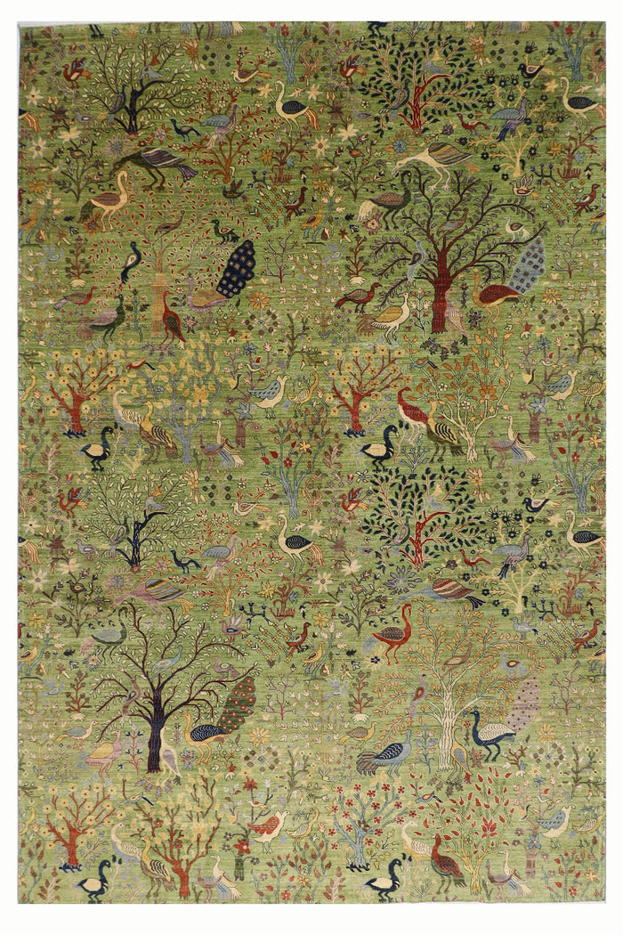 302 x 418 cm | Oriental Birds Green Area Rug Afghan Hand Knotted Veg Dye Wool carpet