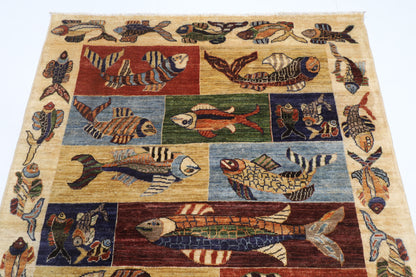 146 x 198 cm | Fish Design Hand Knotted Veg Dye Wool Afghan Carpet