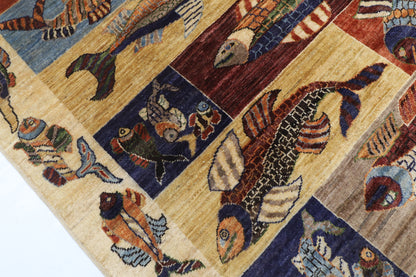 146 x 198 cm | Fish Design Hand Knotted Veg Dye Wool Afghan Carpet