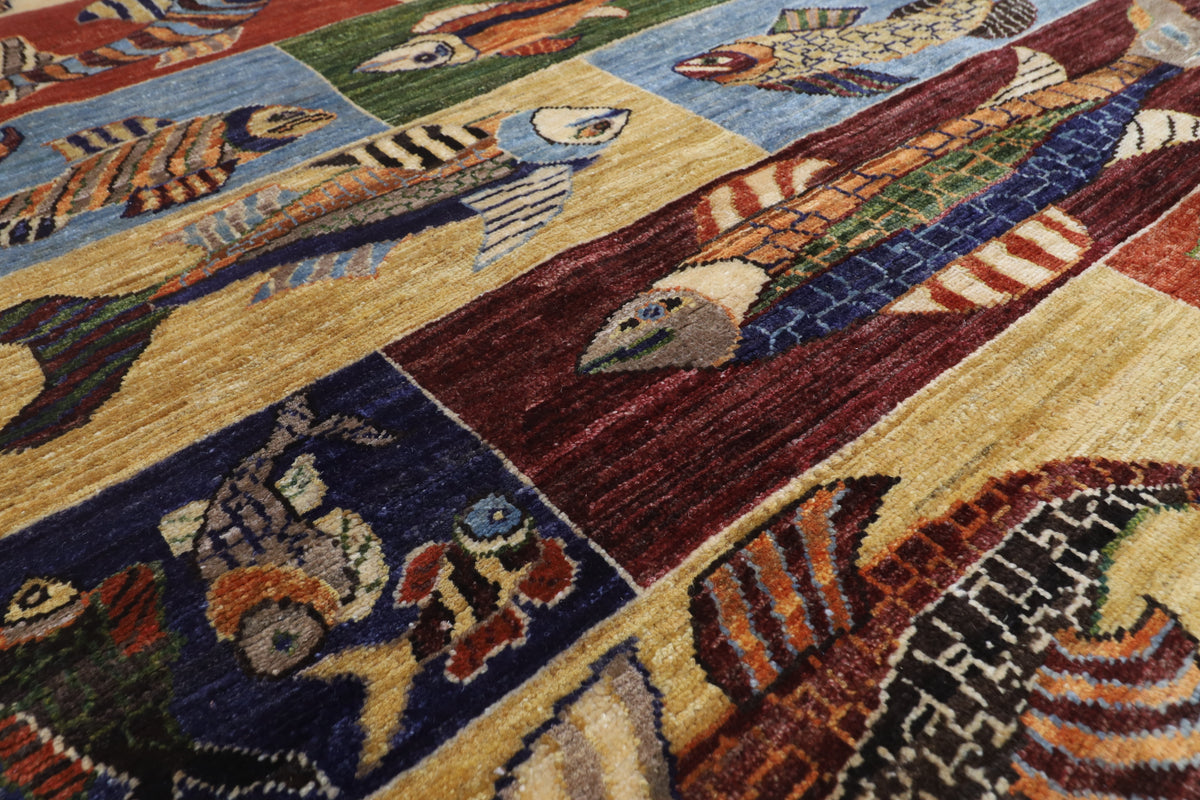 146 x 198 cm | Fish Design Hand Knotted Veg Dye Wool Afghan Carpet