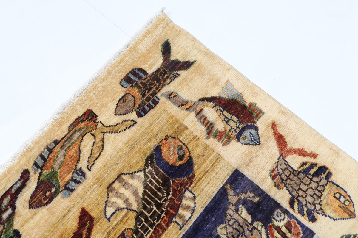 146 x 198 cm | Fish Design Hand Knotted Veg Dye Wool Afghan Carpet
