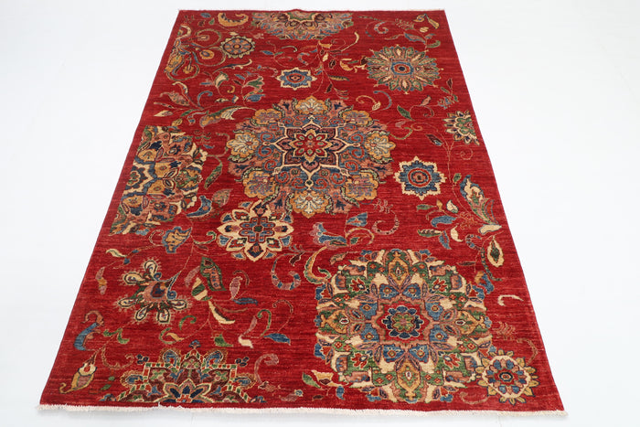 154 x 202 cm | Suzani Red Design Hand Knotted Veg Dye Wool Afghan Carpet
