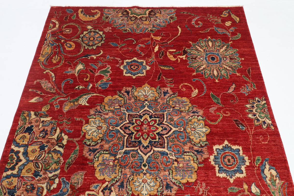 154 x 202 cm | Suzani Red Design Hand Knotted Veg Dye Wool Afghan Carpet