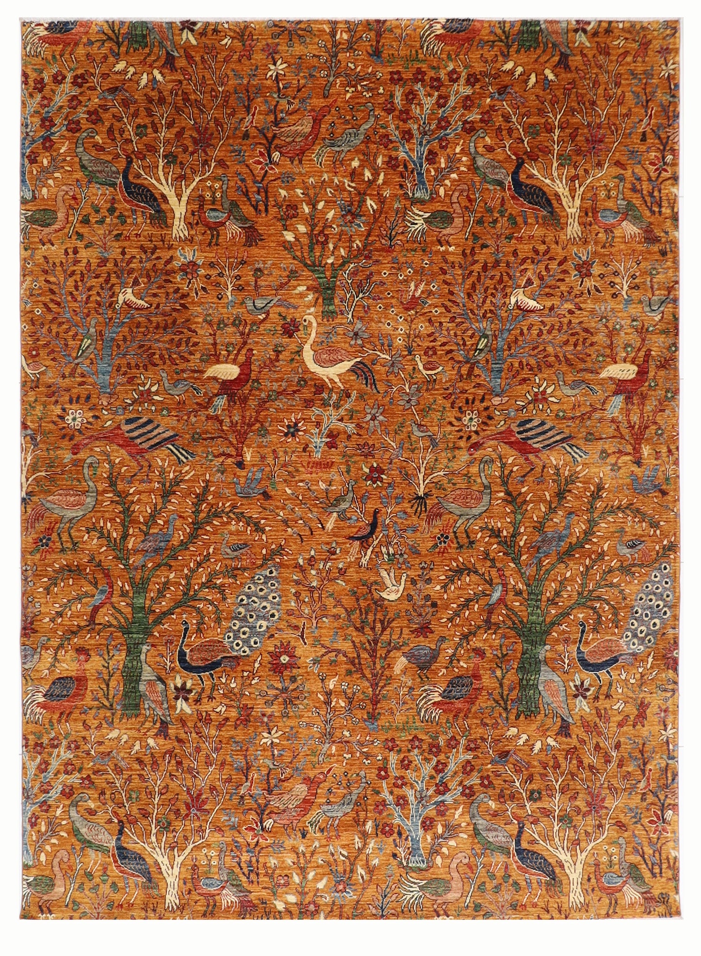 242 x 295 cm | Birds Gold Area Rug Afghan Hand Knotted Veg Dye Wool carpet