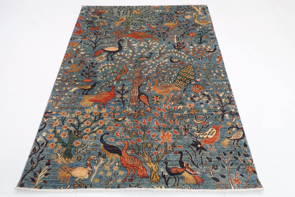 150 x 196 cm | Birds Design Hand Knotted Veg Dye Wool Afghan Carpet