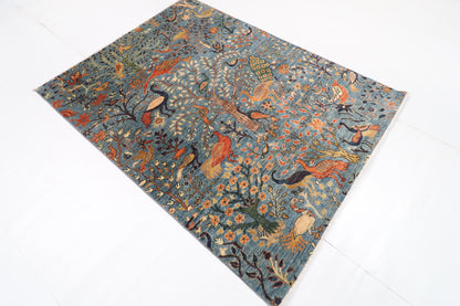 150 x 196 cm | Birds Design Hand Knotted Veg Dye Wool Afghan Carpet