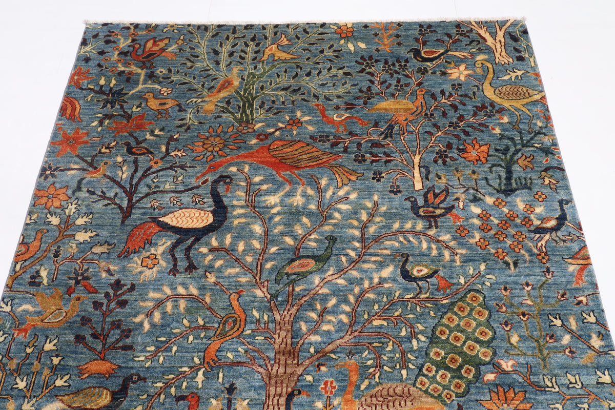 150 x 196 cm | Birds Design Hand Knotted Veg Dye Wool Afghan Carpet