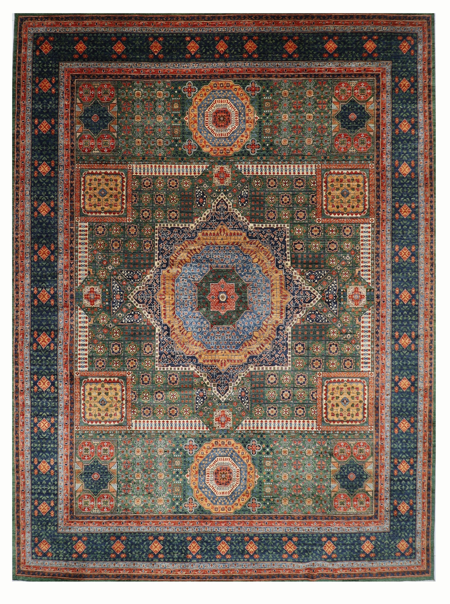 368 x 450 cm |  Large Mamluk Green Area Rug Afghan Hand Knotted Veg Dye Wool carpet