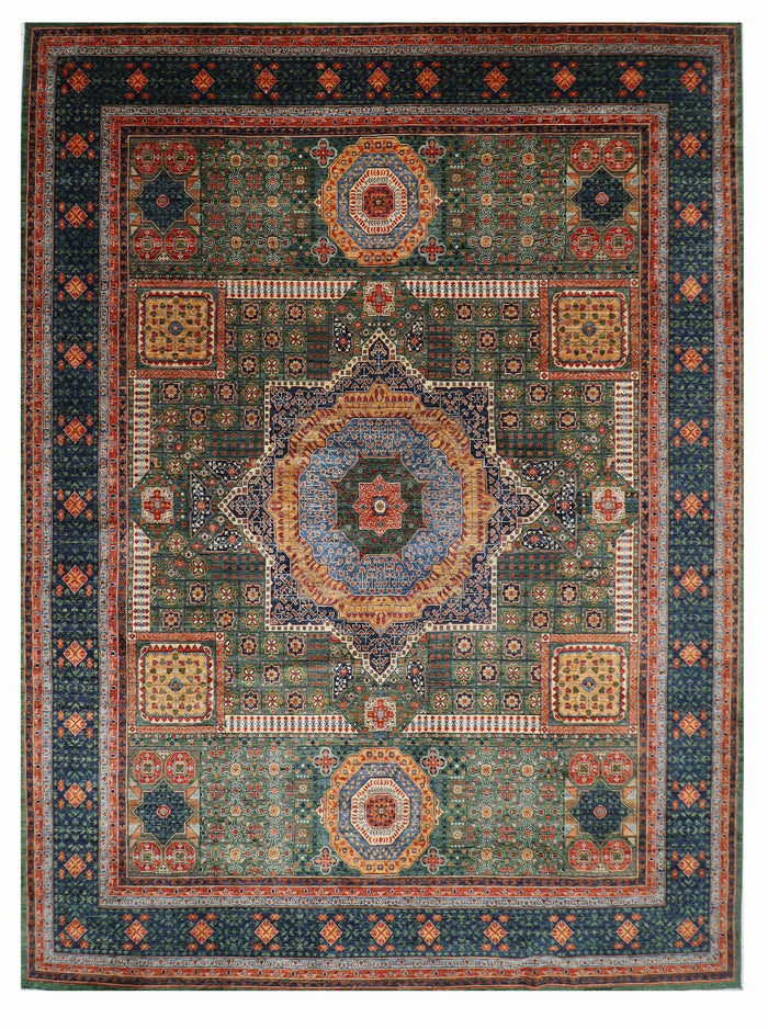 368 x 450 cm |  Large Mamluk Green Area Rug Afghan Hand Knotted Veg Dye Wool carpet