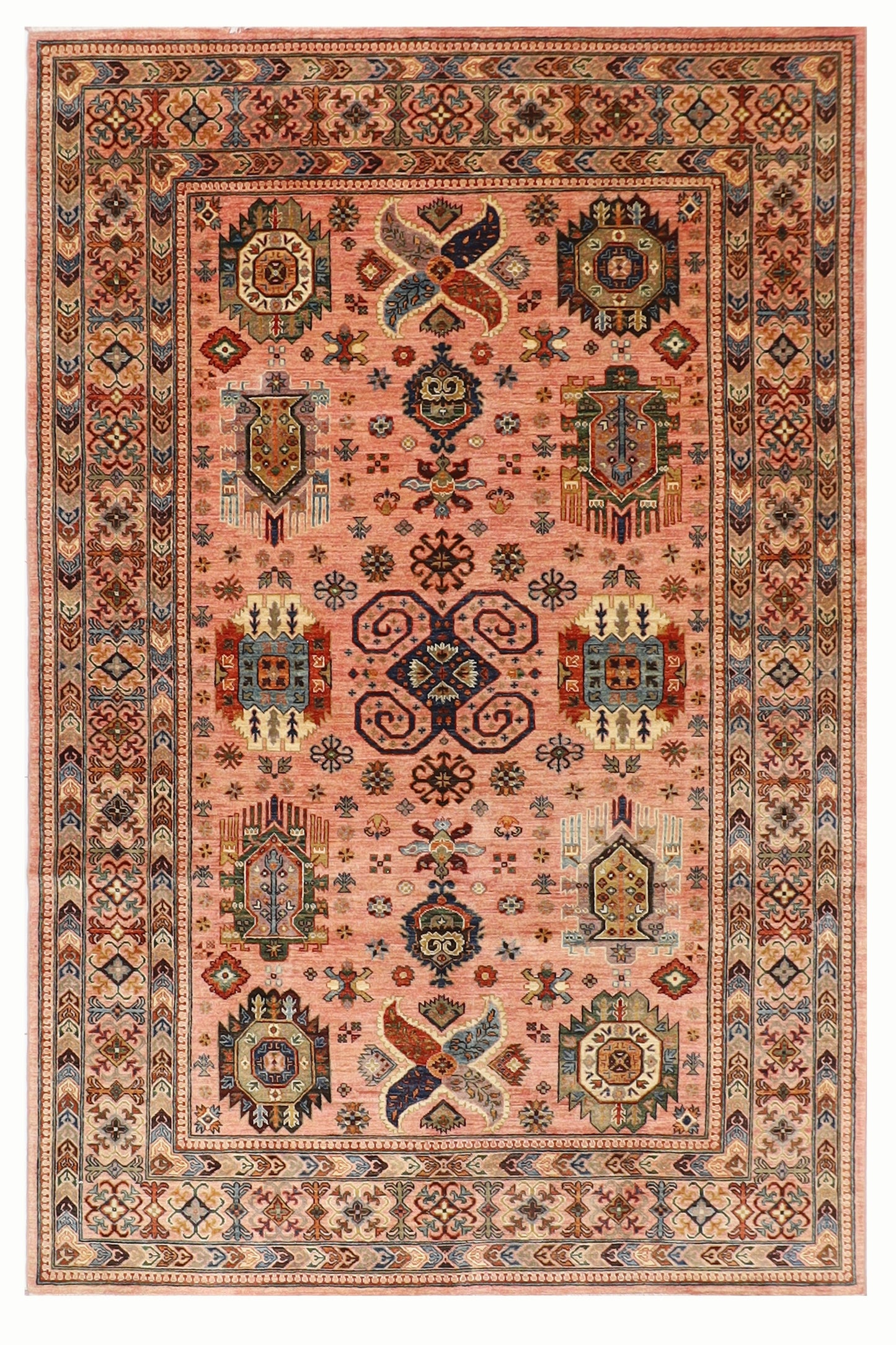 199 x 295 cm | Oriental Waziri Pink Area Rug Afghan Hand Knotted Veg Dye Wool carpet