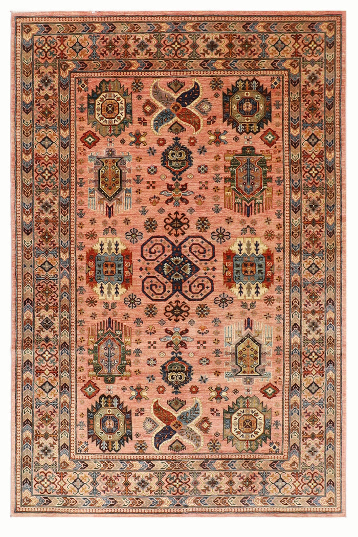 199 x 295 cm | Oriental Waziri Pink Area Rug Afghan Hand Knotted Veg Dye Wool carpet
